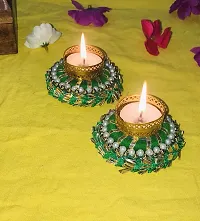 Aroomantrade; Handmade Tealights Candle Holder Diwali Decoration/ Home Decoration/ Festive Decoration Set of 04, Color- Green-thumb1