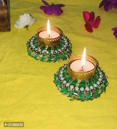 Aroomantrade; Handmade Tealights Candle Holder Diwali Decoration/ Home Decoration/ Festive Decoration Set of 04, Color- Green-thumb2