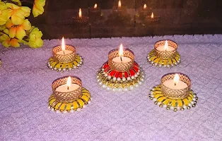 Aroomantrade; Handmade Tea Light Candle Holder| Set of 5 Rangoli Candle Holders for Diwali Decorations Rangoli Floor Decorations, Diwali Lights with Tealights, Multicolor-thumb1