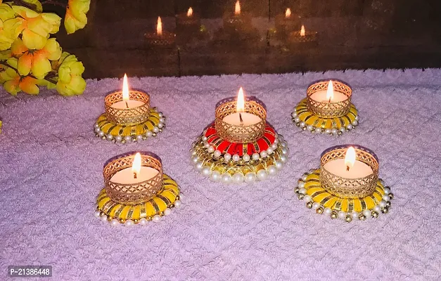 Aroomantrade; Handmade Tea Light Candle Holder| Set of 5 Rangoli Candle Holders for Diwali Decorations Rangoli Floor Decorations, Diwali Lights with Tealights, Multicolor-thumb2