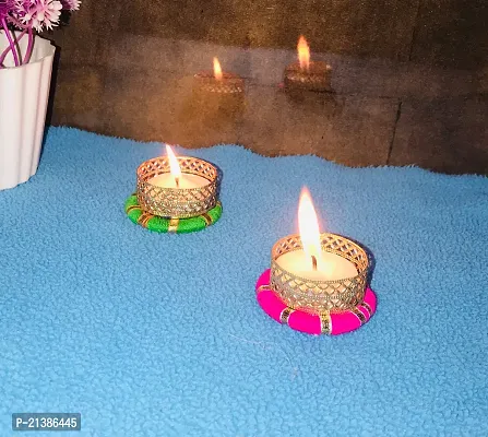 Aroomantrade; Handmade Round ShapeTealights Candle Holder Diwali Decoration/ Home Decoration/ Festive Decoration Set of 04, Color- Multi-thumb2