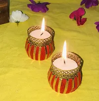 Aroomantrade; Handmade Tealights Candle Holder Diwali Decoration/ Home Decoration/ Festive Decoration Set of 4, Color-Red-thumb1