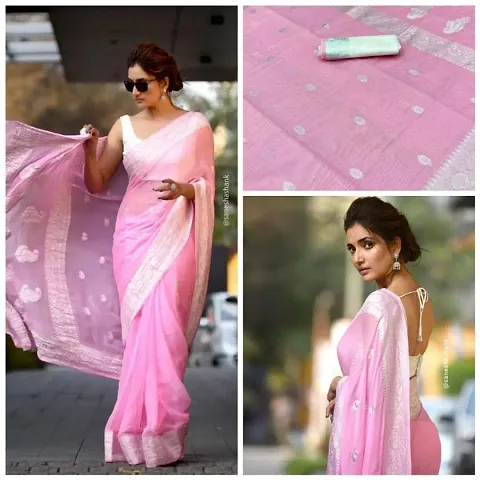 Linen Zari Woven Sarees with Blouse piece