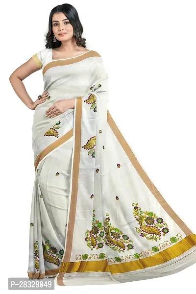 Traditional Kerala Kasavu Cotton Saree With Running Blouse (Embroidery Saree)