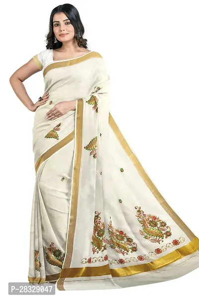 Traditional Kerala Kasavu Cotton Saree With Running Blouse (Embroidery Saree)