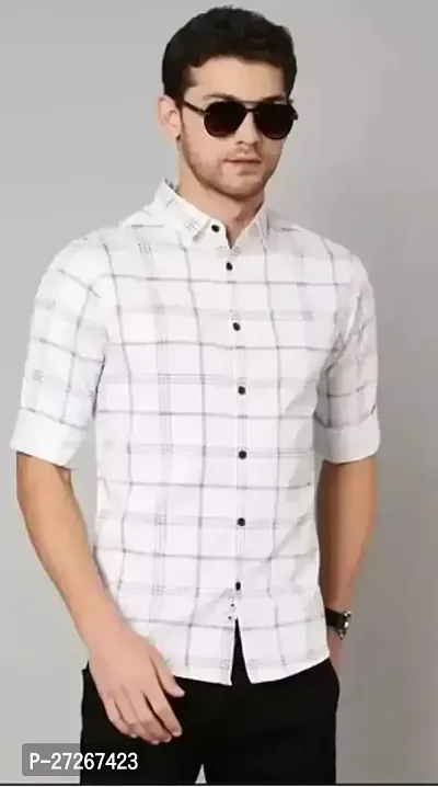 Trendy White Cotton Long Sleeves Checked Regular Fit Casual Shirt For Men