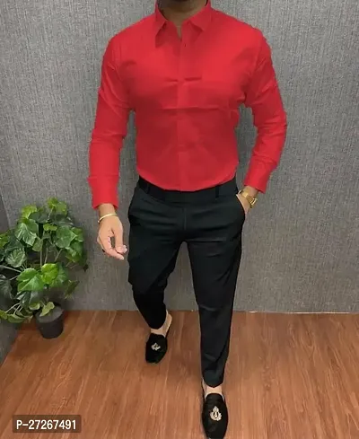 Trendy Red Cotton Long Sleeves Solid Regular Fit Casual Shirt For Men