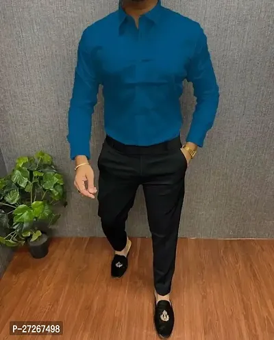 Trendy Teal Cotton Long Sleeves Solid Regular Fit Casual Shirt For Men
