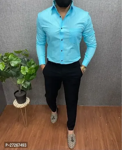 Trendy Turquoise Cotton Long Sleeves Solid Regular Fit Casual Shirt For Men