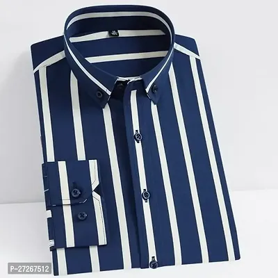 Trendy Navy Blue Cotton Long Sleeves Striped Regular Fit Casual Shirt For Men-thumb0