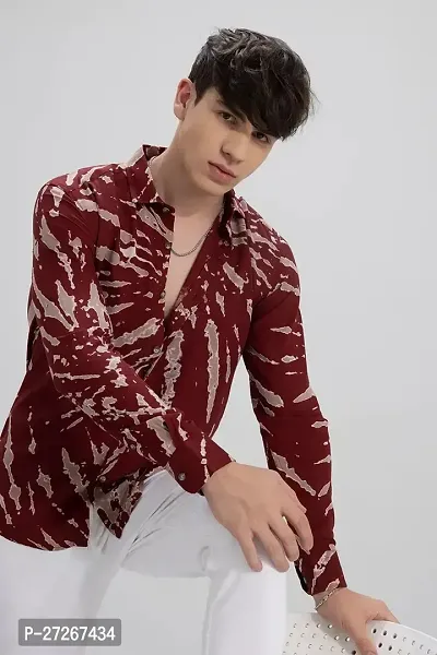 Trendy Maroon Polycotton Long Sleeves Printed Regular Fit Casual Shirt For Men