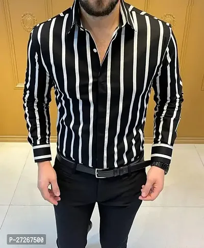 Trendy Black Cotton Long Sleeves Striped Regular Fit Casual Shirt For Men