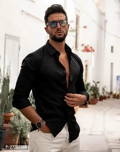 Trendy Black Cotton Blend Long Sleeves Solid Regular Fit Casual Shirt For Men