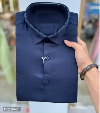 Trendy Navy Blue Cotton Long Sleeves Solid Regular Fit Casual Shirt For Men