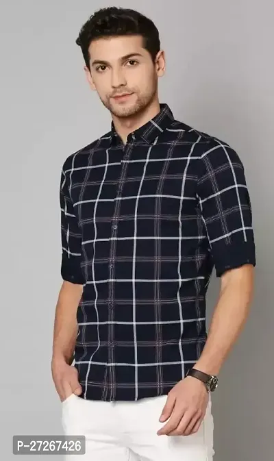 Trendy Navy Blue Cotton Long Sleeves Checked Regular Fit Casual Shirt For Men