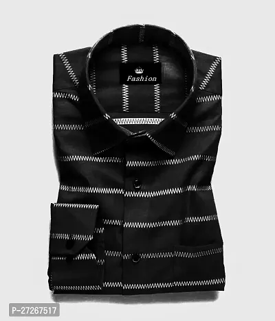 Trendy Black Cotton Long Sleeves Striped Regular Fit Casual Shirt For Men