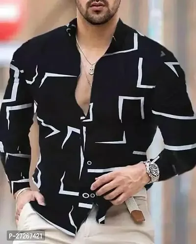 Trendy Black Cotton Long Sleeves Printed Regular Fit Casual Shirt For Men