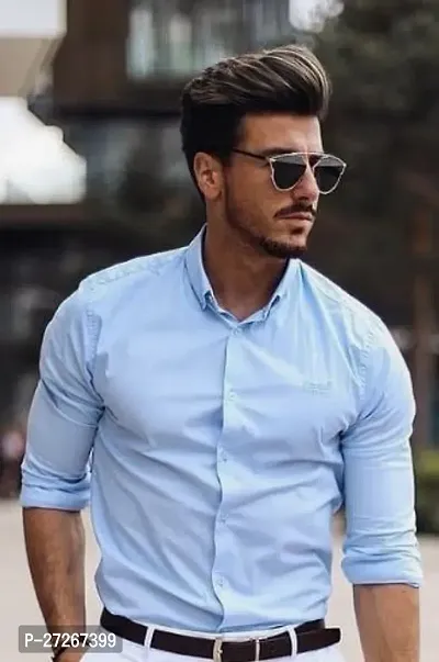 Trendy Blue Cotton Long Sleeves Solid Regular Fit Casual Shirt For Men-thumb0