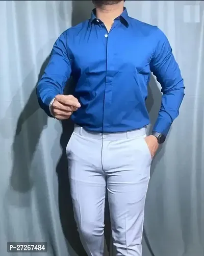 Trendy Blue Cotton Long Sleeves Solid Regular Fit Casual Shirt For Men