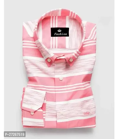 Trendy Pink Cotton Long Sleeves Striped Regular Fit Casual Shirt For Men