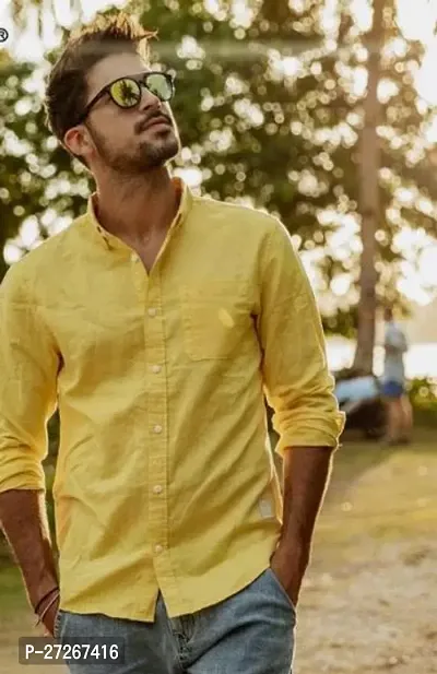 Trendy Yellow Cotton Long Sleeves Solid Regular Fit Casual Shirt For Men