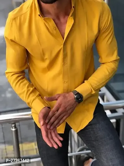 Trendy Golden Cotton Long Sleeves Solid Regular Fit Casual Shirt For Men