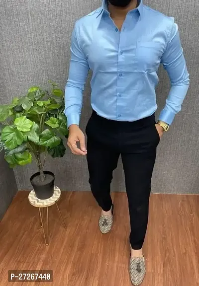 Trendy Blue Cotton Long Sleeves Solid Regular Fit Casual Shirt For Men