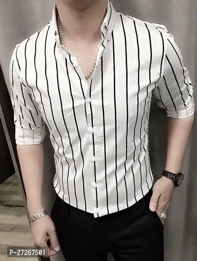 Trendy White Cotton Long Sleeves Striped Regular Fit Casual Shirt For Men