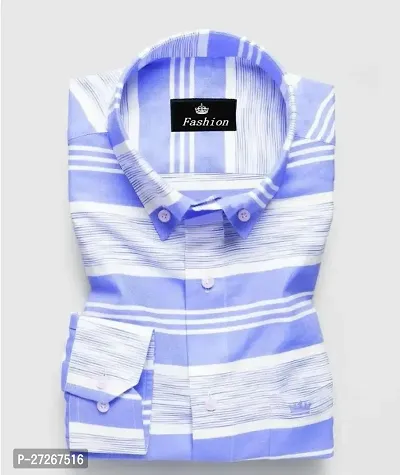 Trendy Blue Cotton Long Sleeves Striped Regular Fit Casual Shirt For Men-thumb0