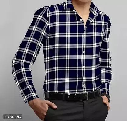 Stylish Navy Blue Cotton Checked Long Sleeves Casual Shirt For Men-thumb0