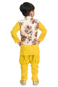 Stylish Yellow Cotton Blend Printed Kurta With Churidar Pajama and Jacket For Boys-thumb2