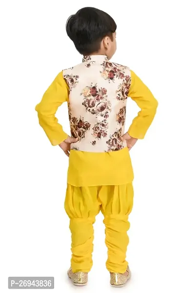 Stylish Yellow Cotton Blend Printed Kurta With Churidar Pajama and Jacket For Boys-thumb3