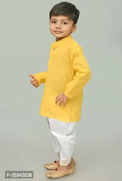Stylish Yellow Cotton Blend Printed Kurta With Dhoti Pant Set For Boys-thumb5