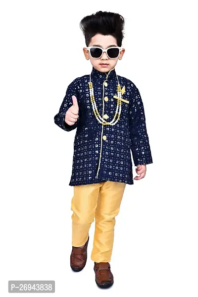 Stylish Blue Cotton Blend Embellished Sherwani With Pajama For Boys