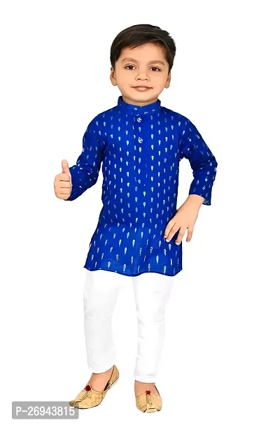 Stylish Blue Cotton Blend Printed Kurta With Pajama Set For Boys-thumb0