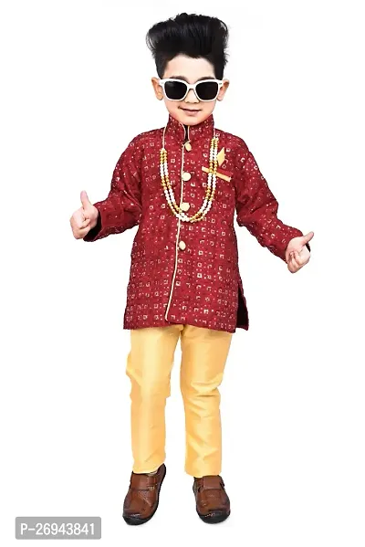 Stylish Red Cotton Blend Embellished Sherwani With Pajama For Boys