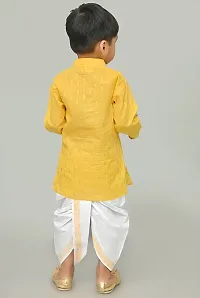 Stylish Yellow Cotton Blend Printed Kurta With Dhoti Pant Set For Boys-thumb1