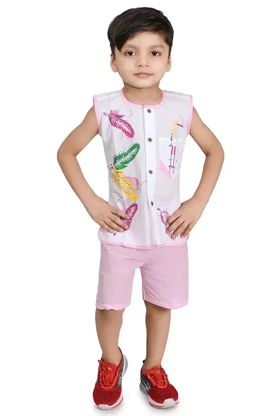 Mohini Collection Cotton Casual Leaf Printed Sleeveless T-Shirt and Pant Set for Boys