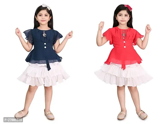 Stylish Multicoloured Cotton Two Piece Dress For Girl Pack Of 2-thumb0