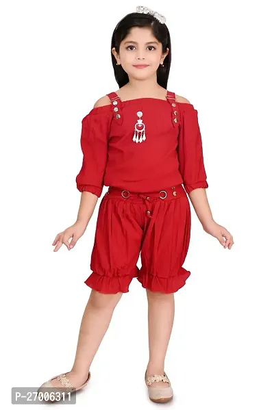 Stylish Red Cotton Two Piece Dress For Girl-thumb0