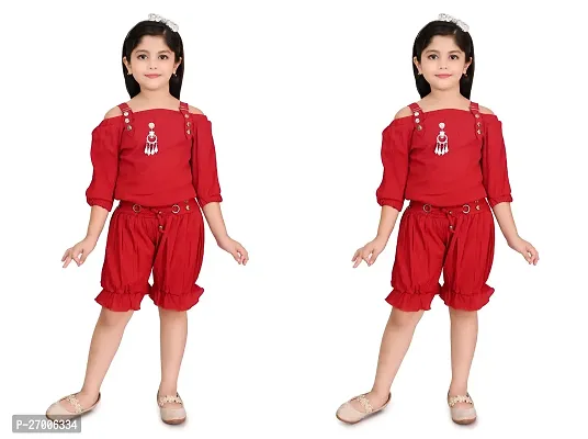 Stylish Red Cotton Two Piece Dress For Girl Pack Of 2