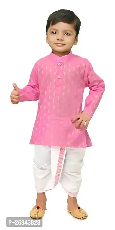 Stylish Pink Cotton Blend Printed Kurta With Dhoti Pant Set For Boys