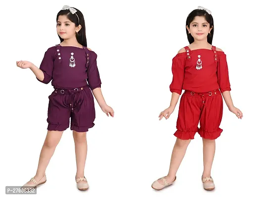 Stylish Multicoloured Cotton Two Piece Dress For Girl Pack Of 2