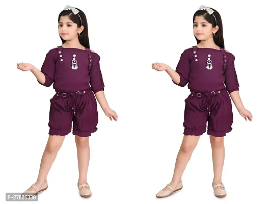 Stylish Purple Cotton Two Piece Dress For Girl Pack Of 2-thumb0
