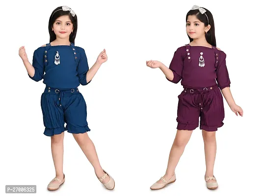 Stylish Blue Cotton Two Piece Dress For Girl Pack Of 2-thumb0