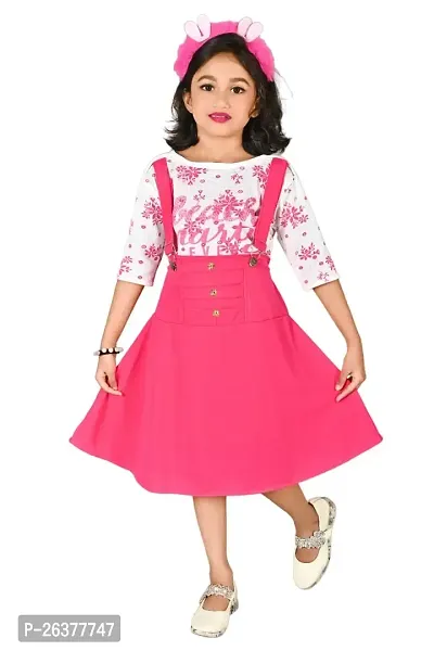 Mohini Collection Crepe Casual Floral Printed Midi Dungree Style Dress for Girls (Pink,)