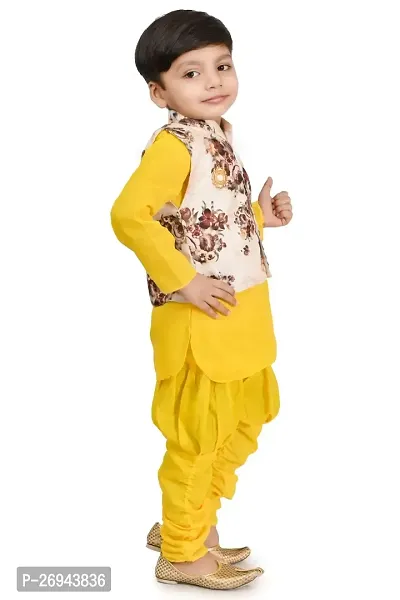 Stylish Yellow Cotton Blend Printed Kurta With Churidar Pajama and Jacket For Boys-thumb4