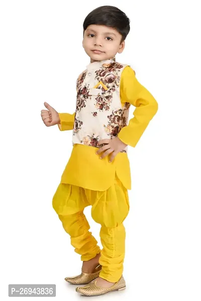 Stylish Yellow Cotton Blend Printed Kurta With Churidar Pajama and Jacket For Boys-thumb5