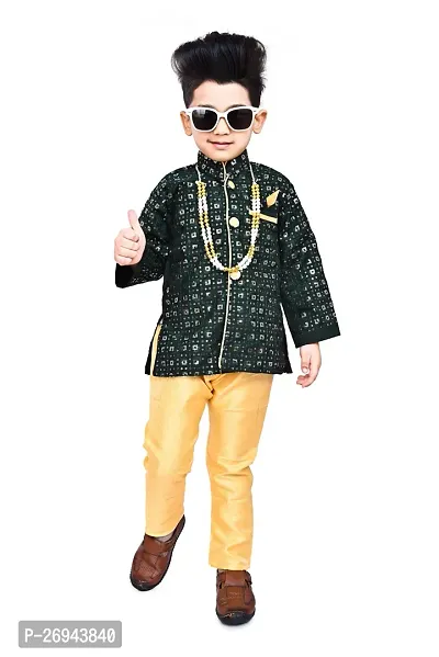 Stylish Green Cotton Blend Embellished Sherwani With Pajama For Boys