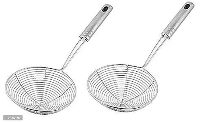 2 Pcs Stainless Steel Deep Fry Strainer/Oil Strainer for Kitchen Jhara Puri (Set of Two, 14 CM,  Silver) - Pack of 2-thumb0